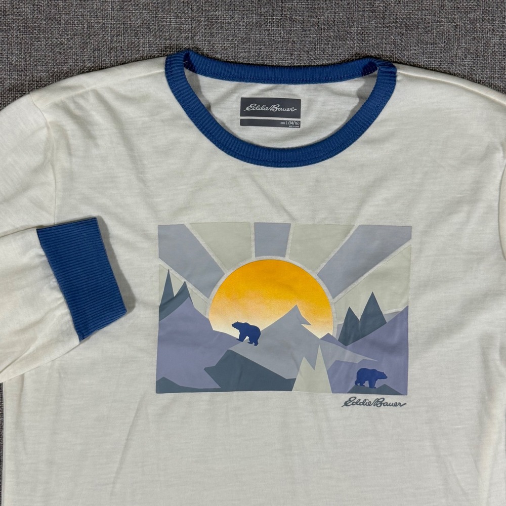 Eddie Bauer Graphic Long Sleeve Shirt Kids L 14/16 White Blue Bear Mountain Tee